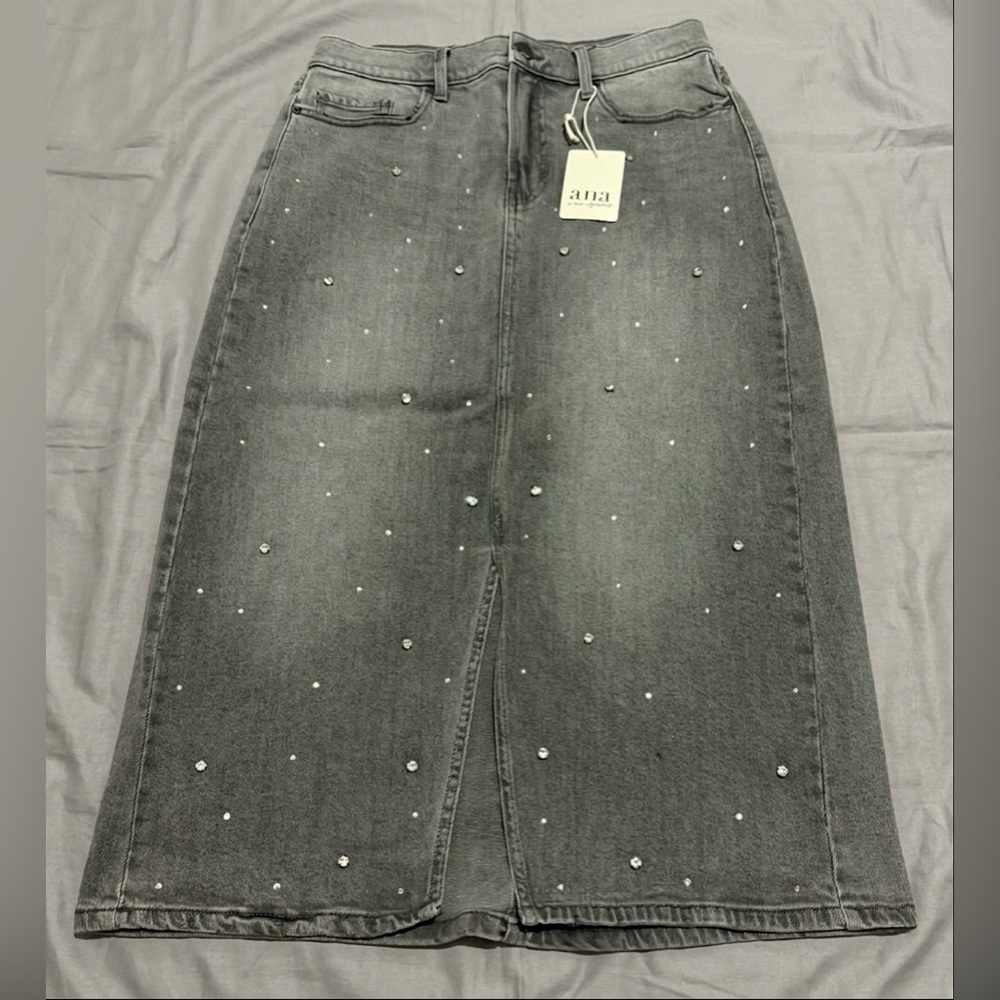 a.n.a Embellished Grey Denim Midi Skirt